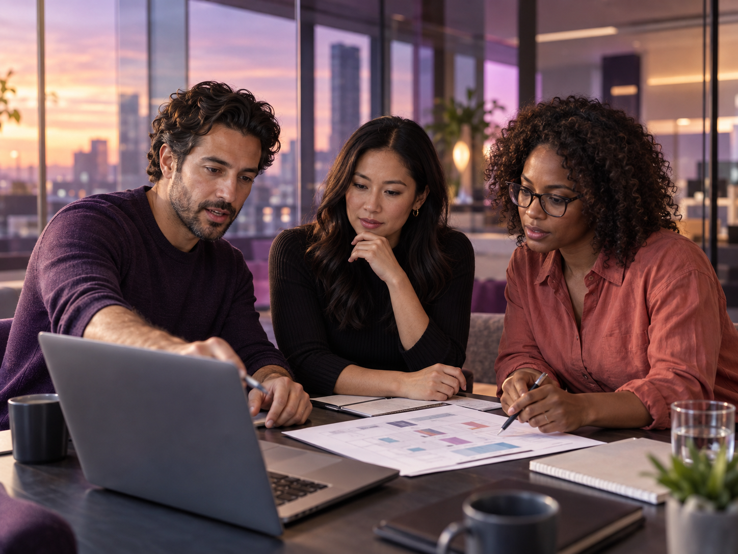 Three professionals collaborating on project plans in a modern office